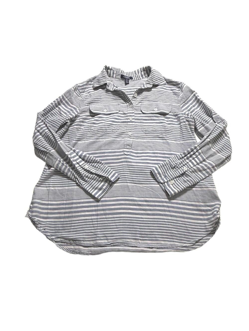 CHAPS Denim Ralph Lauren Light Blue & White Striped 1/2 Button Tunic Womens SZ M